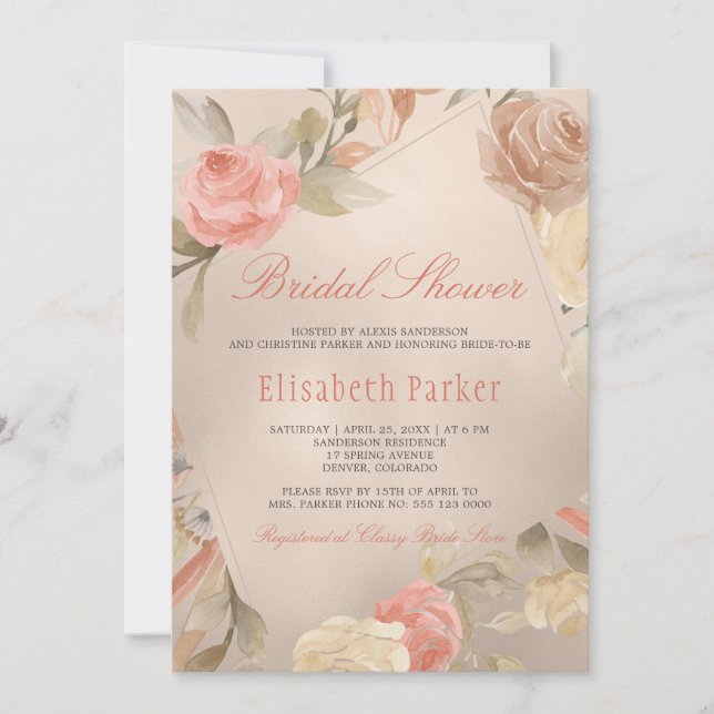 Invitation Peach Cream Faux Gold Foil Fête des mariées floral (Devant)