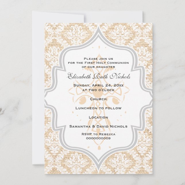 Invitation Peach Cross blanc damask burlap Première communion (Devant)