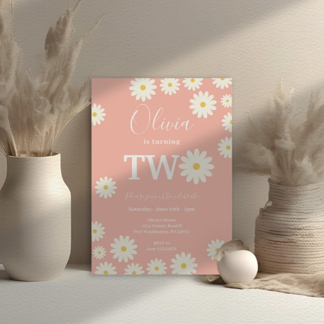 Invitation Peach Daisy Floral 2e fête d'anniversaire (Créateur téléchargé)