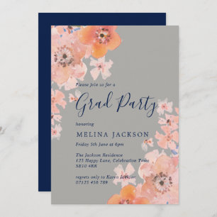 Invitation Peach et Navy Watercolor Floral Graduation Party