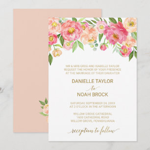 Invitation Peach et rose Peony Flowers Mariage officiel
