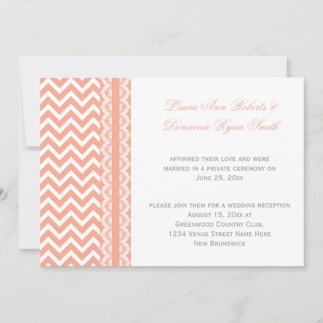 Invitation Peach et White Chevron Lace Réception uniquement (Devant)