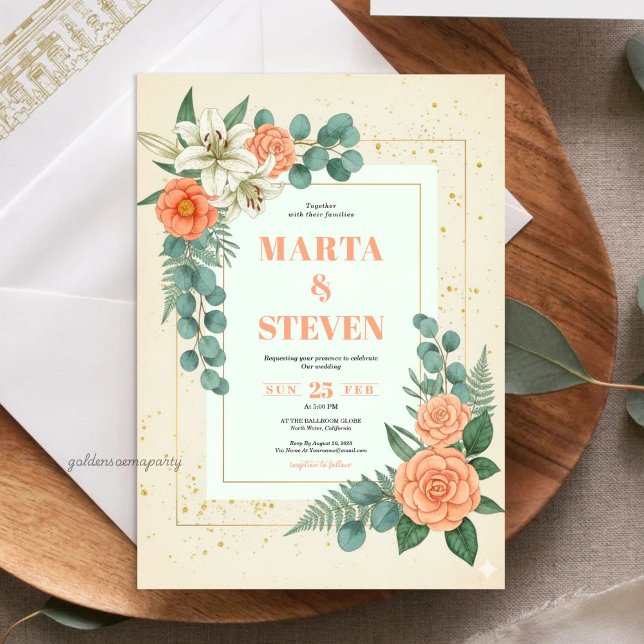 Invitation Peach Floral and Eucalyptus Greenery Wedding (Peach Floral and Eucalyptus Greenery Wedding Invitation)