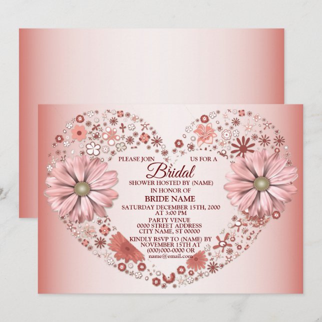 Invitation Peach Floral Heart Modern Bridal Shower Party (Devant / Derrière)