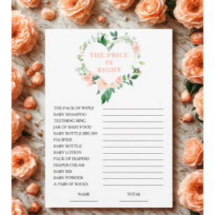 Invitation Peach Floral Price is Right Baby shower Game Card