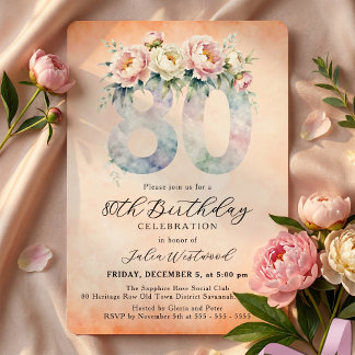 Invitation Peach Floral Watercolor 80th Birthday Party