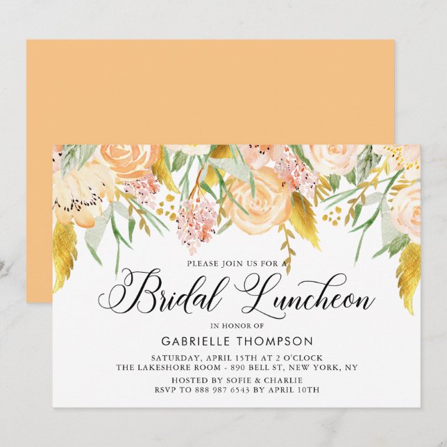 Invitation Peach Flowers Gold Feuille Bridal Luncheon (Devant / Derrière)