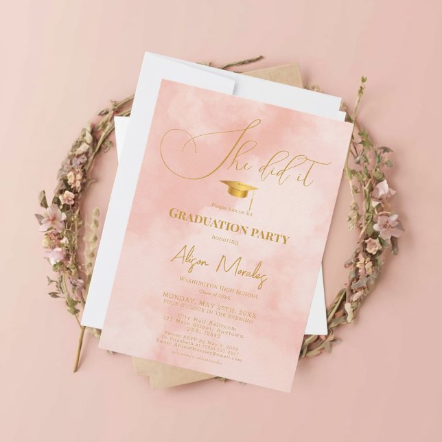 Invitation Peach Fuzz Simple Classic Graduation Elle L'A Fait (Celebrate her achievement with timeless elegance.)