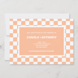 Invitation Peach Fuzz White À damiers En vichy Motif Mariage