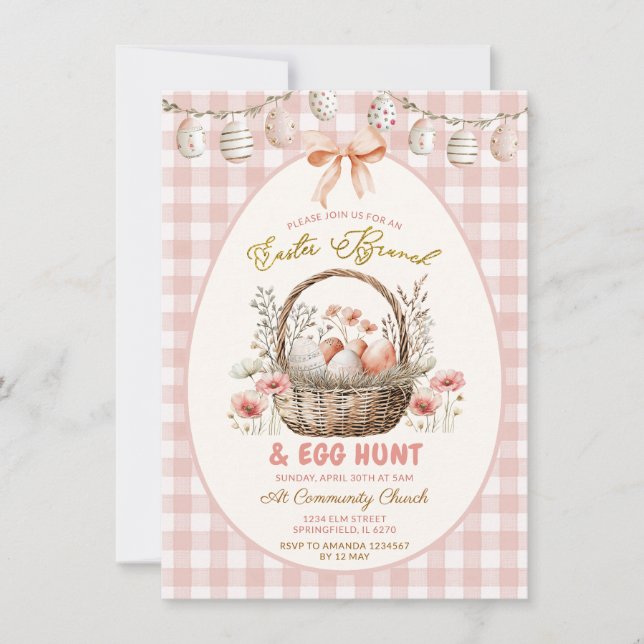 Invitation Peach Gingham Floral Easter Brunch and Egg Hunt (Devant)