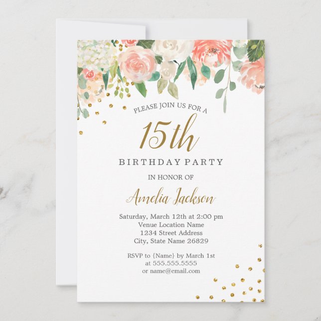 Invitation Peach Gold Aquarelle Floral 15e fête d'anniversair (Devant)