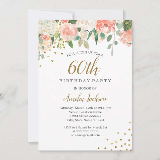 Invitation Peach Gold Aquarelle Floral 60e fête d'anniversair (Devant)