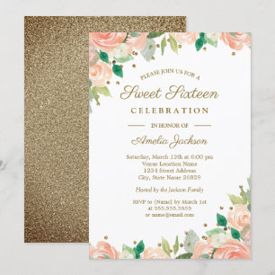 Invitation Peach Gold Glitter Floral pour une Swee