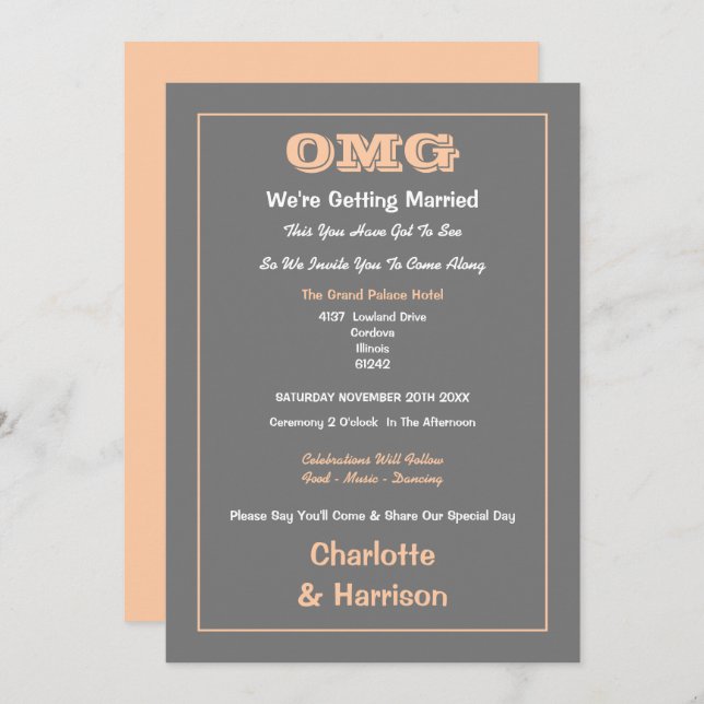 Invitation Peach Grey Mariage informel amusant (Devant / Derrière)