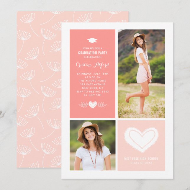 Invitation Peach Heart Doodles Photo Collage Graduation (Devant / Derrière)