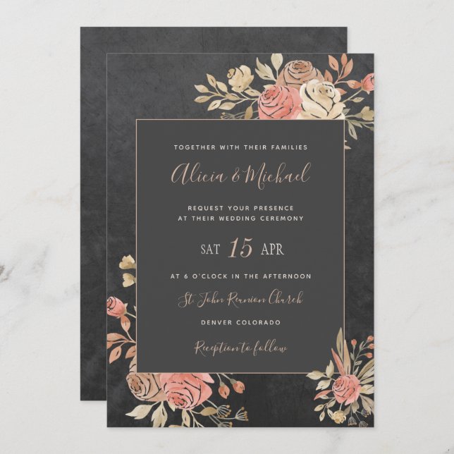 Invitation Peach ivoire Blush Moody Floral Dark Grey Mariage (Devant / Derrière)