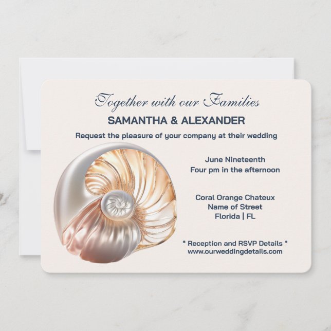 Invitation Peach Ivory Conch Shell Elegant Wedding  (Devant)