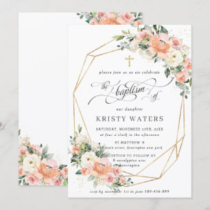 Invitation Peach Ivory Pink Floral Greenerm Baptism Géométriq