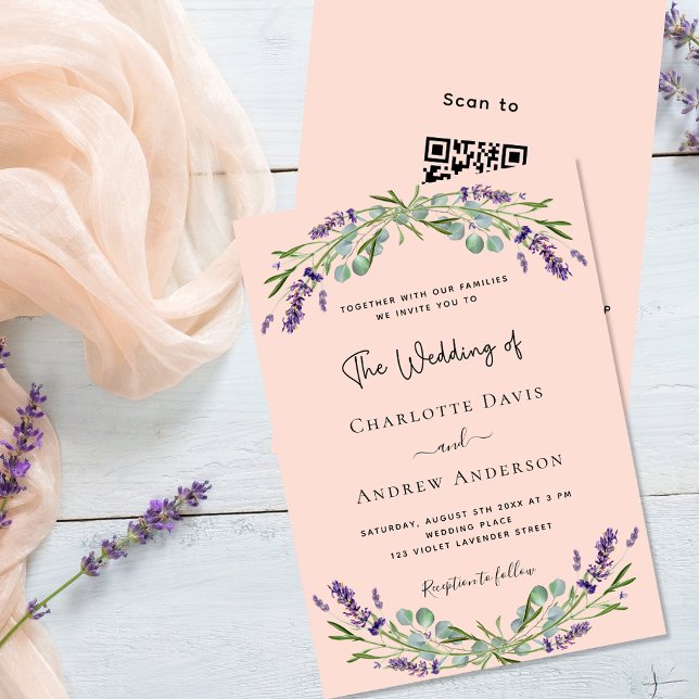 Invitation Peach lavender violet code QR RSVP luxe mariage (Créateur téléchargé)