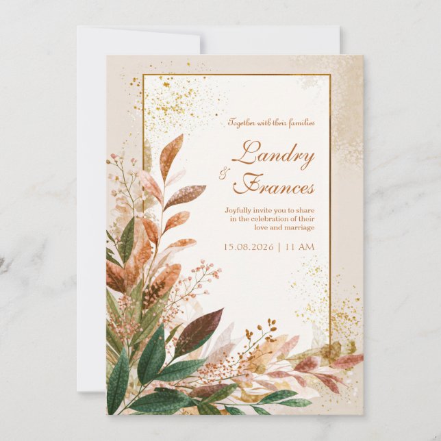 Invitation Peach Leaf Gold Stardust Wedding (Devant)