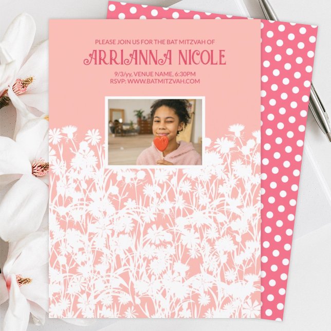 Invitation Peach, Mauve Rose, White Wild Flowers Bat mitzvah (peach pink white wild flowers meadow spring springtime bat mitzvah invitations pink polka dots)