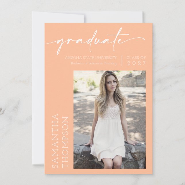 Invitation Peach Minimal Script Two Photo Graduation Party (Devant)