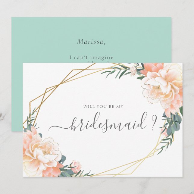 Invitation Peach Mint Floral Gold Serez-Vous Ma Femme D'Accue (Devant / Derrière)
