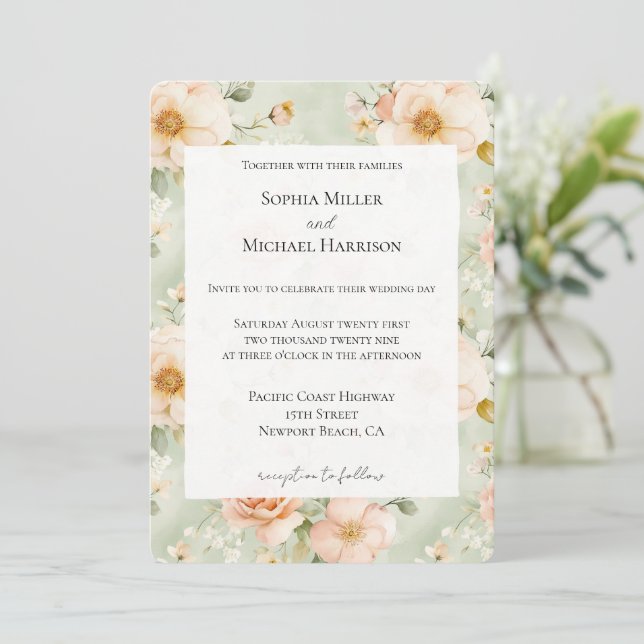 Invitation Peach Mint Pretty Rose Floral Wedding (Debout devant)