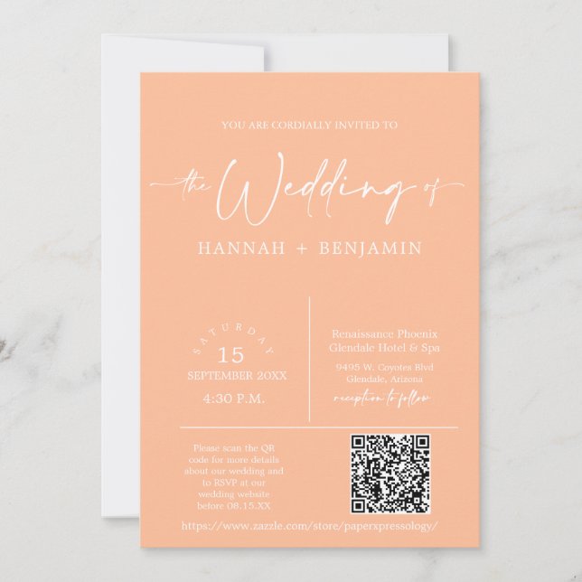 Invitation Peach Modern Minimalist Mariage Arch QR Code Photo (Devant)