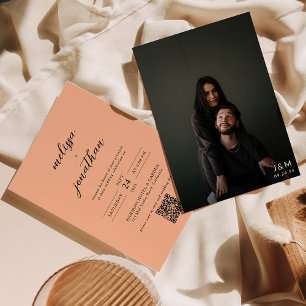 Invitation Peach Modern Photo Script Monogramme Code QR Maria