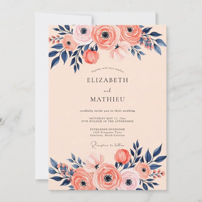 Invitation Peach Navy Romantic Spring Wedding (Devant)