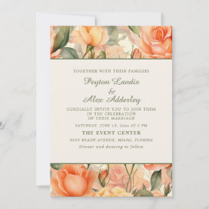 Invitation Peach Orange Aquarelle Floral Crème Mariage