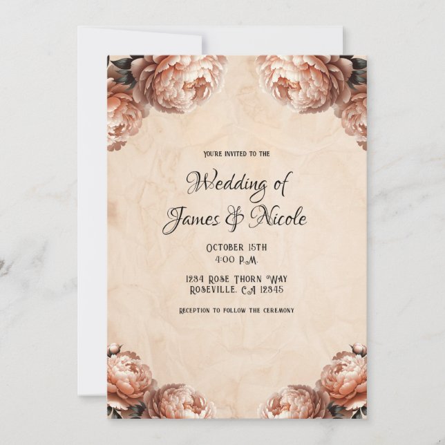 Invitation Peach Peony Flowers Vinage Rustique Mariage (Devant)