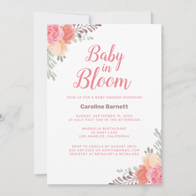Invitation Peach Pink Baby in Bloom Baby shower (Devant)