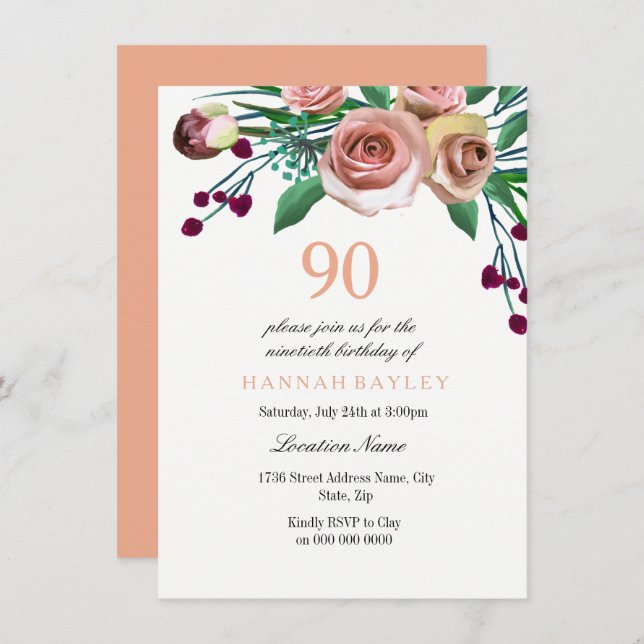 Invitation Peach Pink Burgundy Rose 90e anniversaire Invitati (Devant / Derrière)