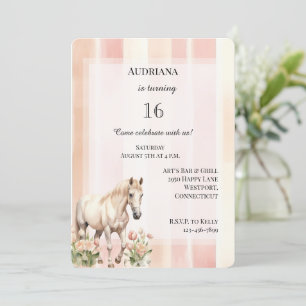 Invitation Peach Pink Crème Stripes Floral Horse Anniversaire