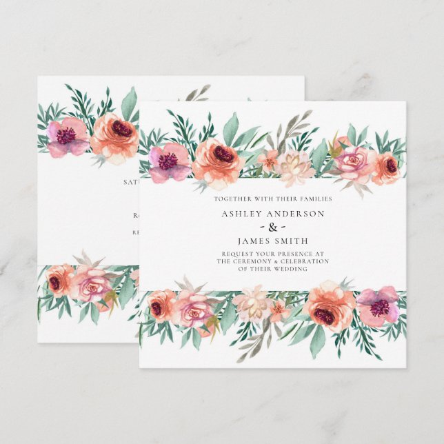 Invitation Peach & Pink Watercolor Flowers Mariage moderne (Devant / Derrière)