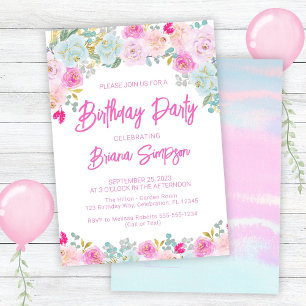 Invitation Peach rose bleu violet florale fête d'anniversaire