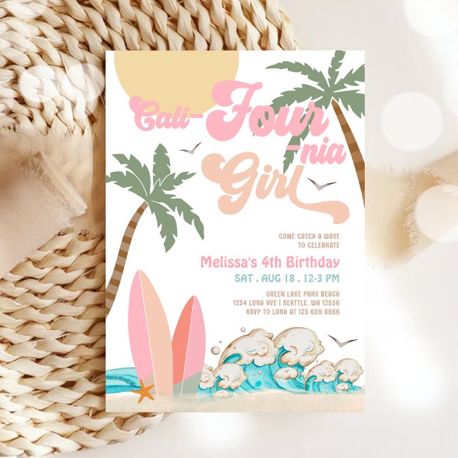 Invitation Peach rose Cali-Four nia Girl Surfing 4e anniversa (Créateur téléchargé)