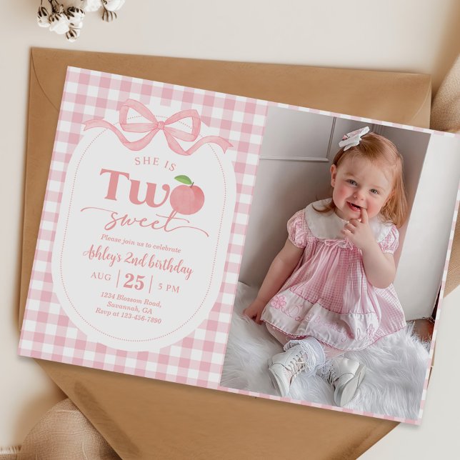 Invitation Peach rose En vichy douce 2e photo d'anniversaire (Créateur téléchargé)