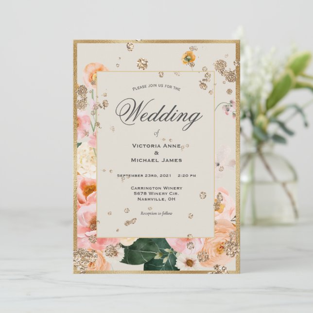 Invitation Peach rose Floral Élégant Mariage Or (Debout devant)
