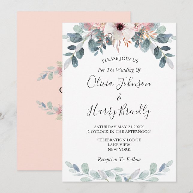 Invitation Peach rose Floral Eucalyptus Mariage de verdure (Devant / Derrière)