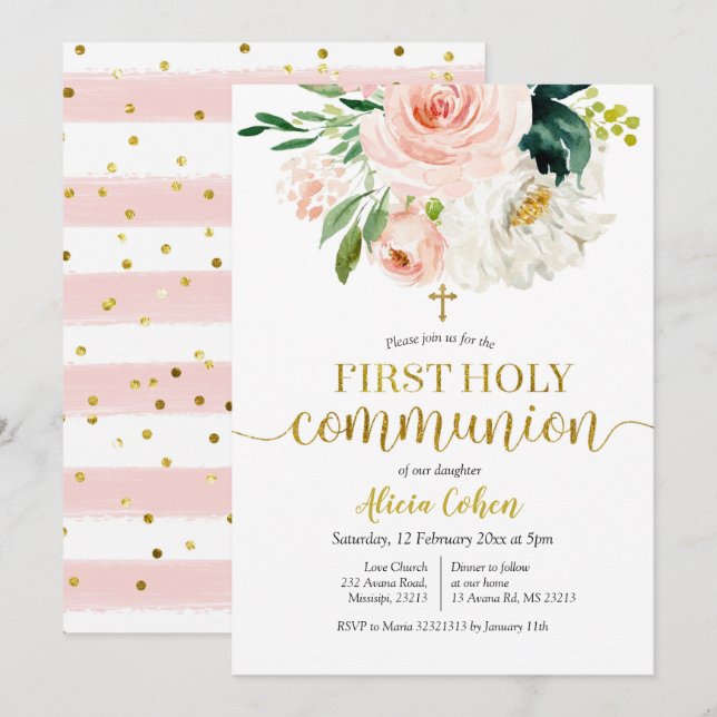 Invitation Peach rose Floral First Holy Communion Card (Devant / Derrière)
