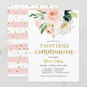 Invitation Peach rose Floral First Holy Communion Card