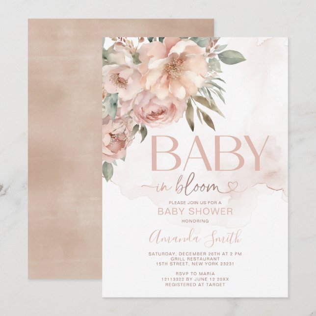 Invitation Peach Rose Gold Flowers Baby in Bloom Baby shower (Devant / Derrière)