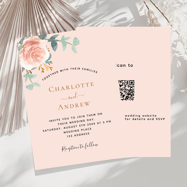 Invitation Peach rose or verdure QR RSVP détails mariage (Créateur téléchargé)