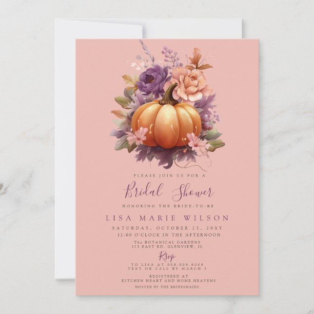 Invitation Peach Russe Citrouilles violets Fête des mariées d (Devant)
