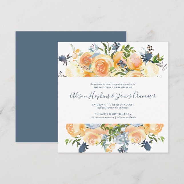 Invitation Peach Russe Peony Floral Bouquet SQ Mariage (Devant / Derrière)