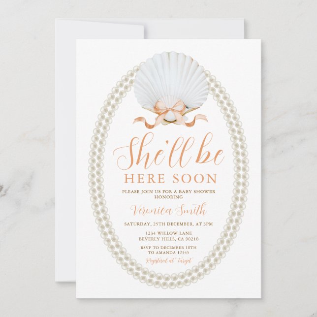Invitation  Peach She'll Be Here Soon Sea Shell Baby Shower (Devant)