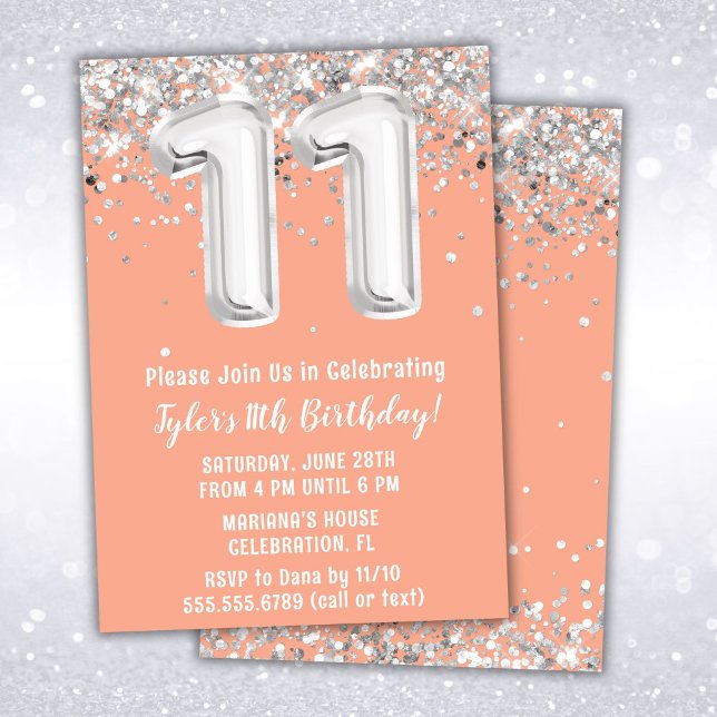 Invitation Peach Silver 11th Birthday Party (Créateur téléchargé)